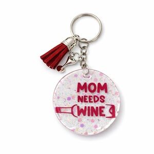 Red and Clear Keychain with Tassel “Mom Needs Wine”